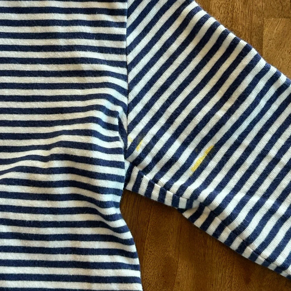 Mini Boden Navy & White Striped Long Sleeve Top with Red Strawberry Pockets